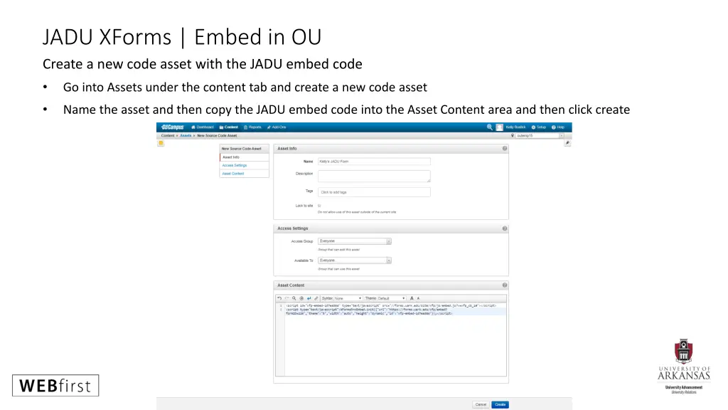 jadu xforms embed in ou create a new code asset