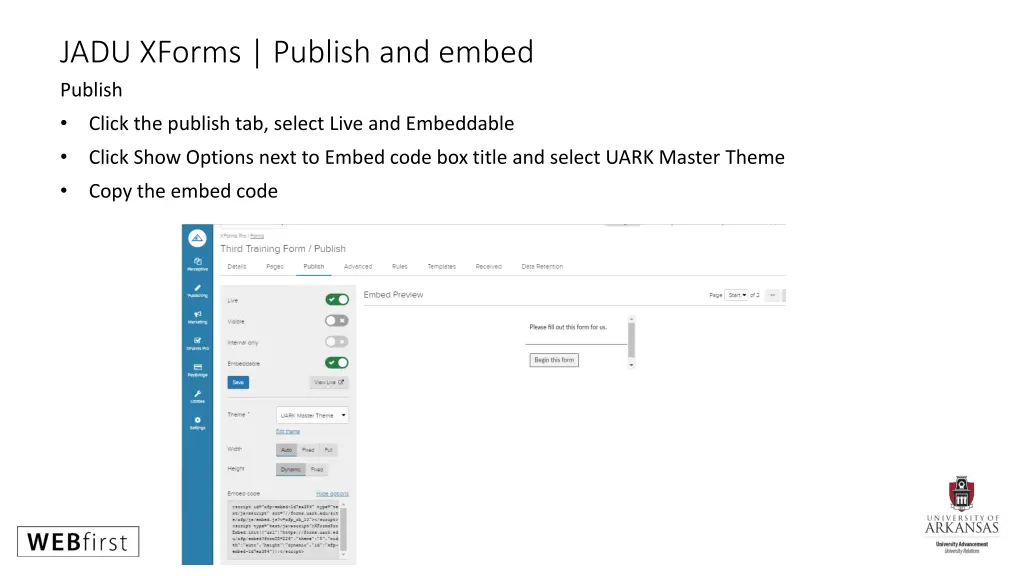 jadu xforms publish and embed publish click
