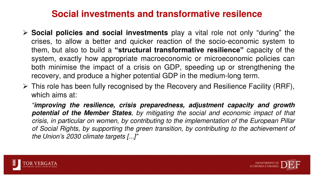 social investments and transformative resilence