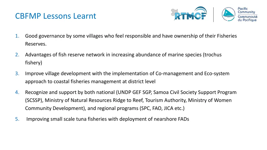 cbfmp lessons learnt