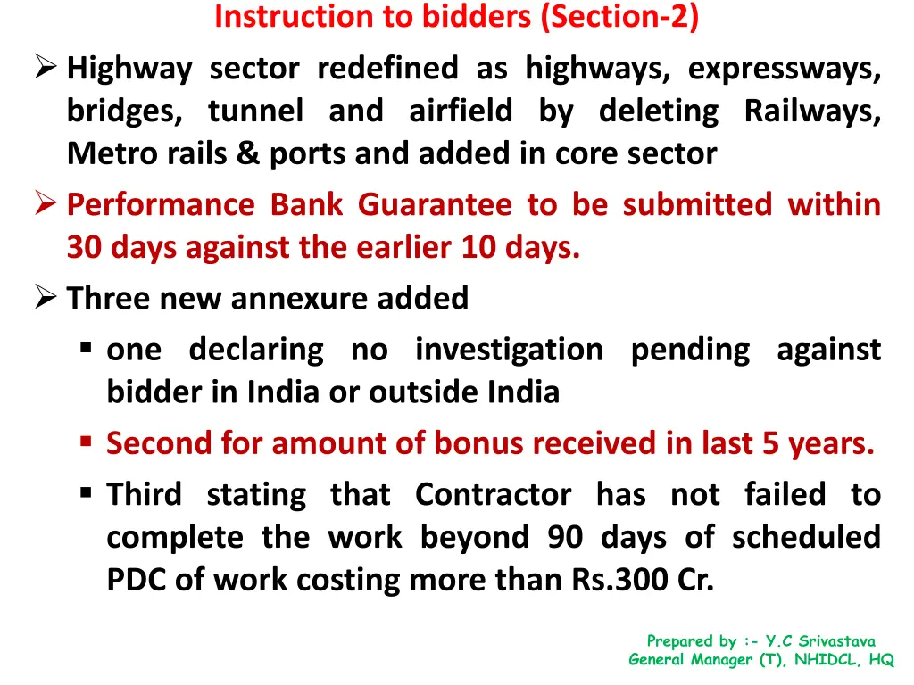 instruction to bidders section 2 highway sector