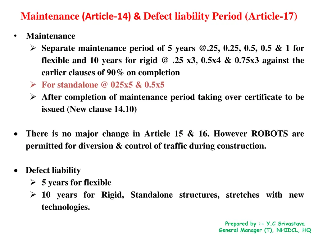 maintenance article 14 defect liability period