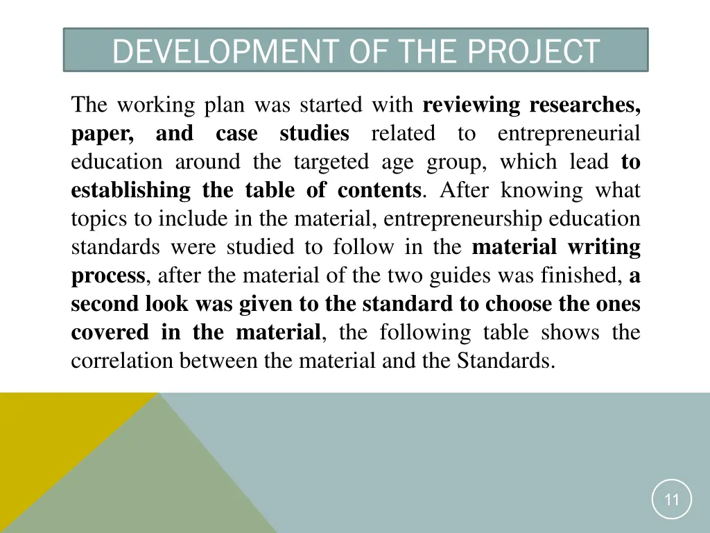 development of the project 1