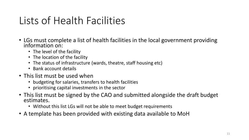 lists of health facilities