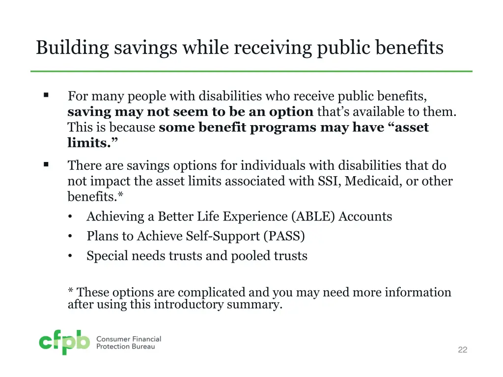 building savings while receiving public benefits