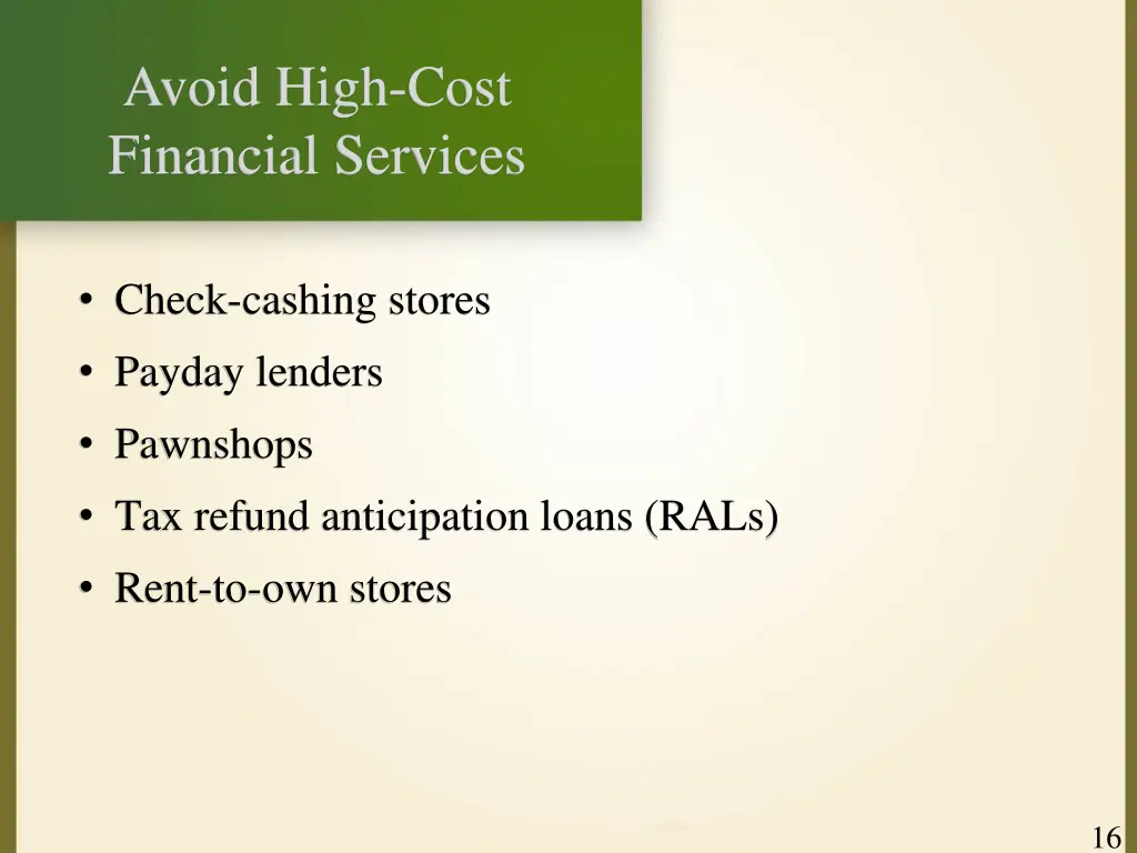 avoid high cost financial services