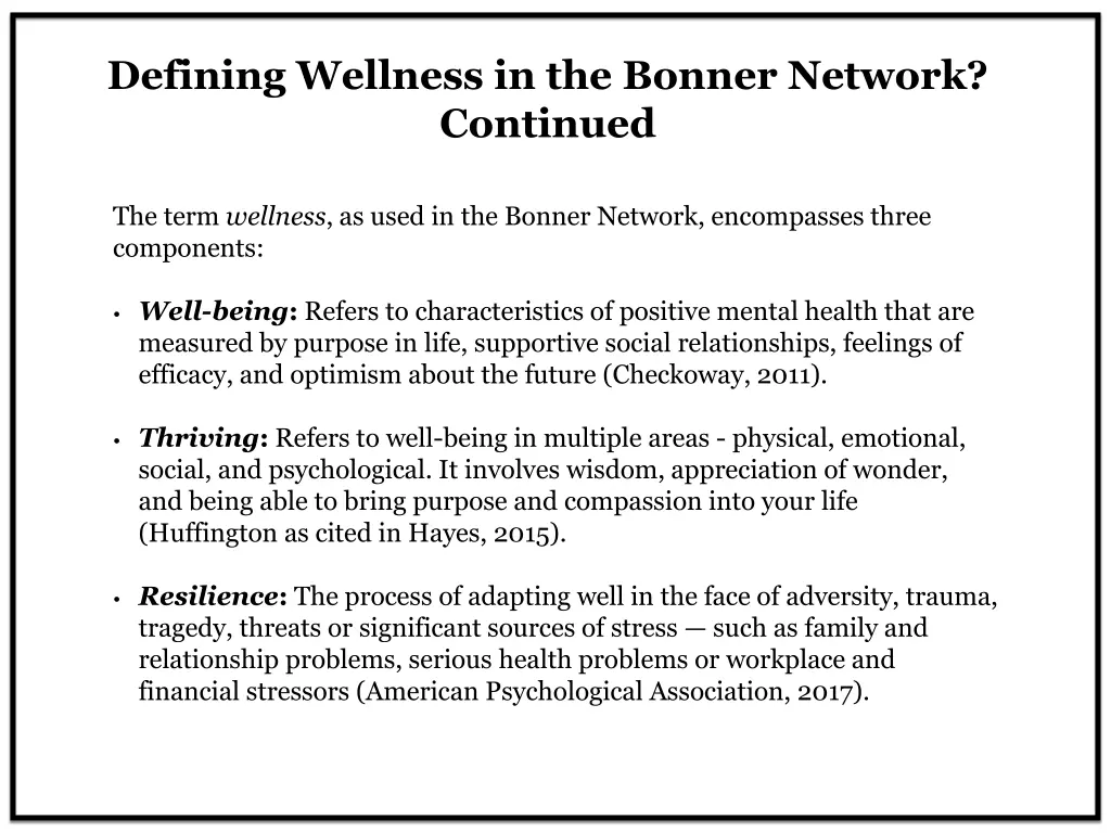 defining wellness in the bonner network continued