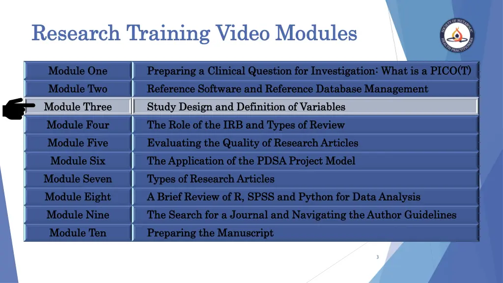 research training video modules research training