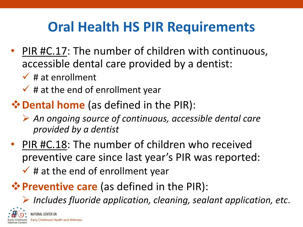 oral health hs pir requirements