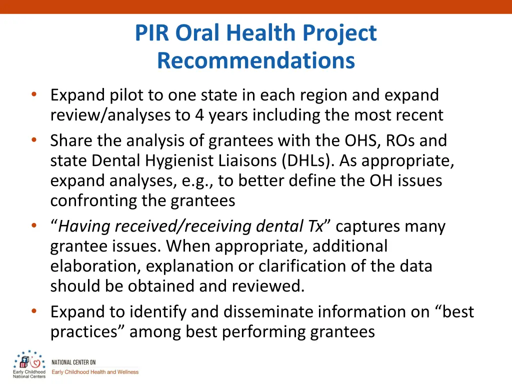 pir oral health project recommendations expand