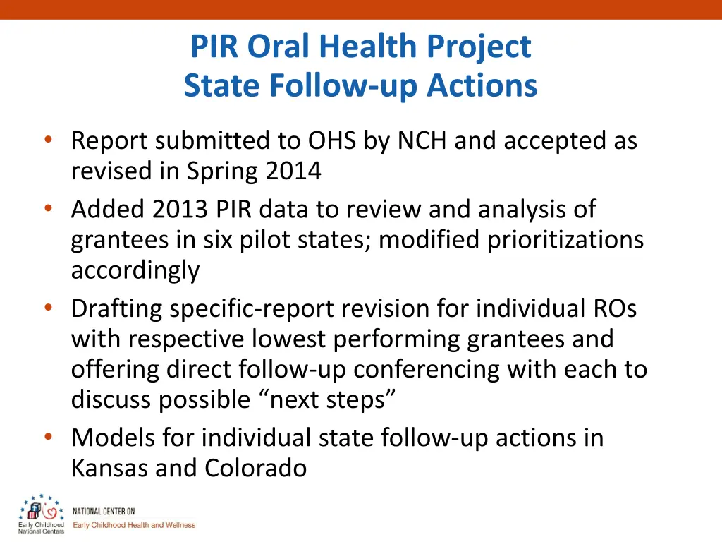 pir oral health project state follow up actions