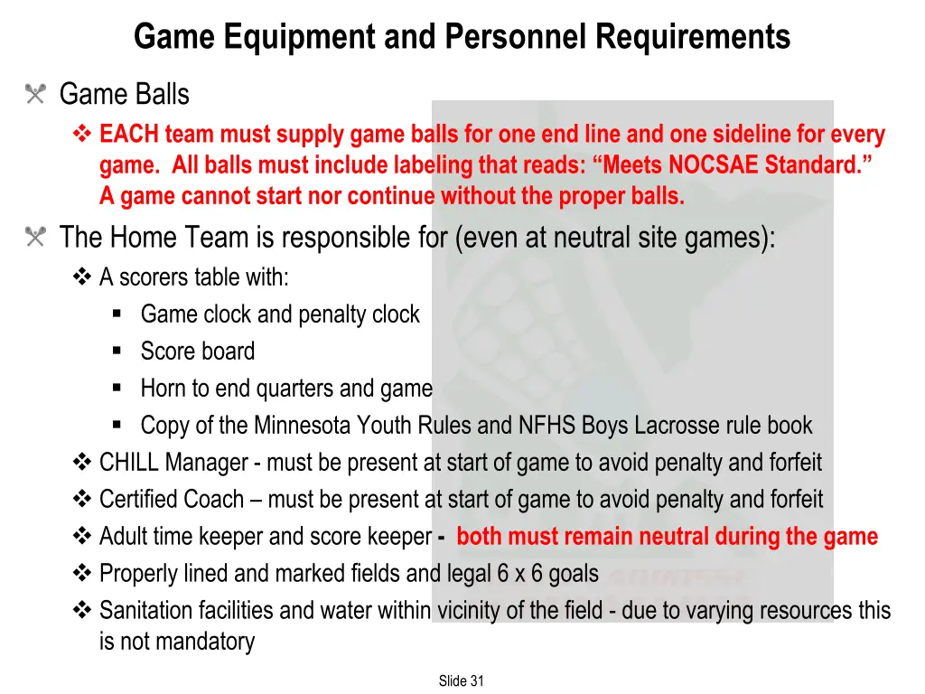 game equipment and personnel requirements