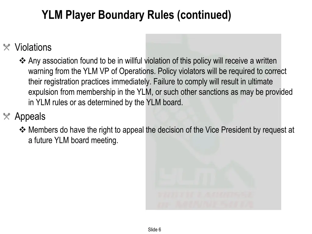 ylm player boundary rules continued