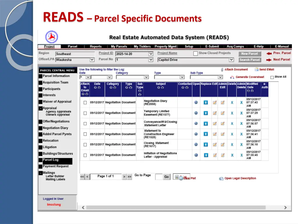 reads parcel specific documents