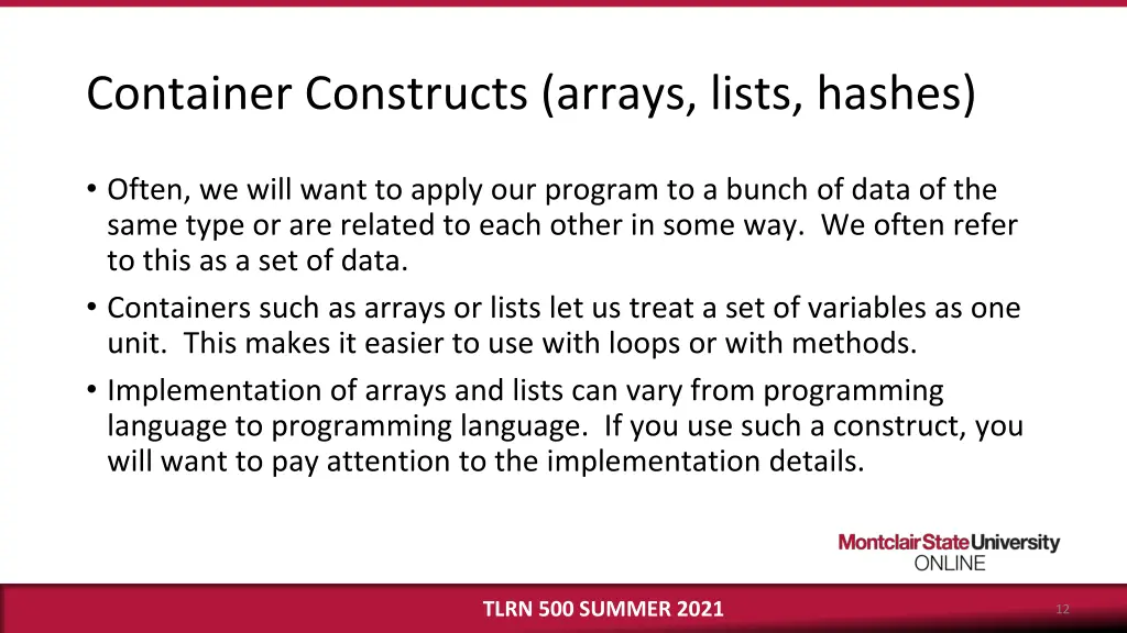 container constructs arrays lists hashes