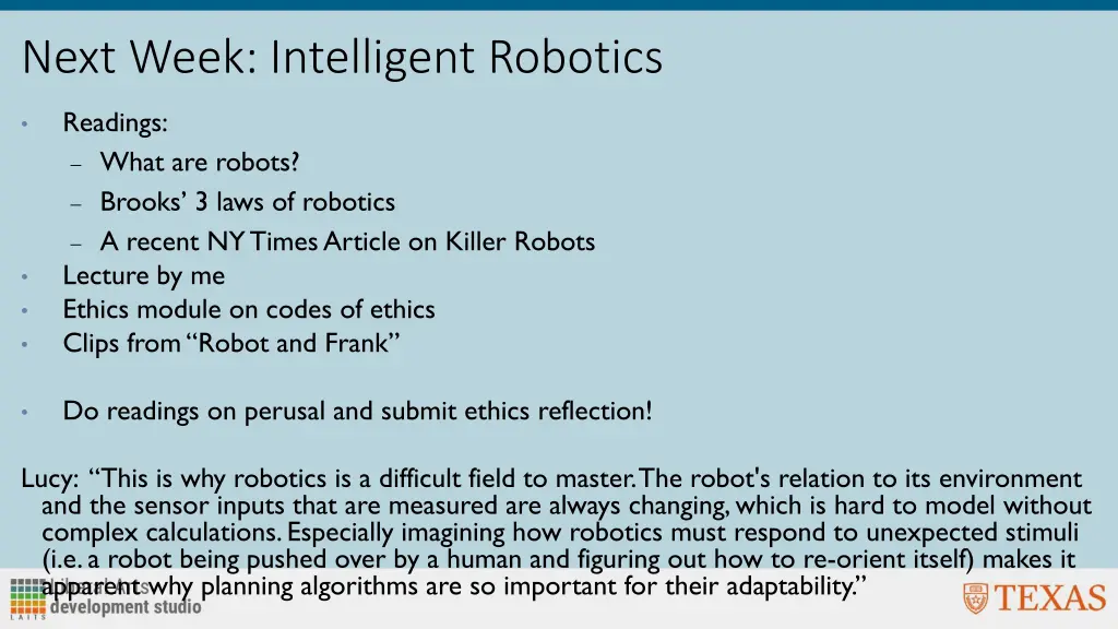 next week intelligent robotics