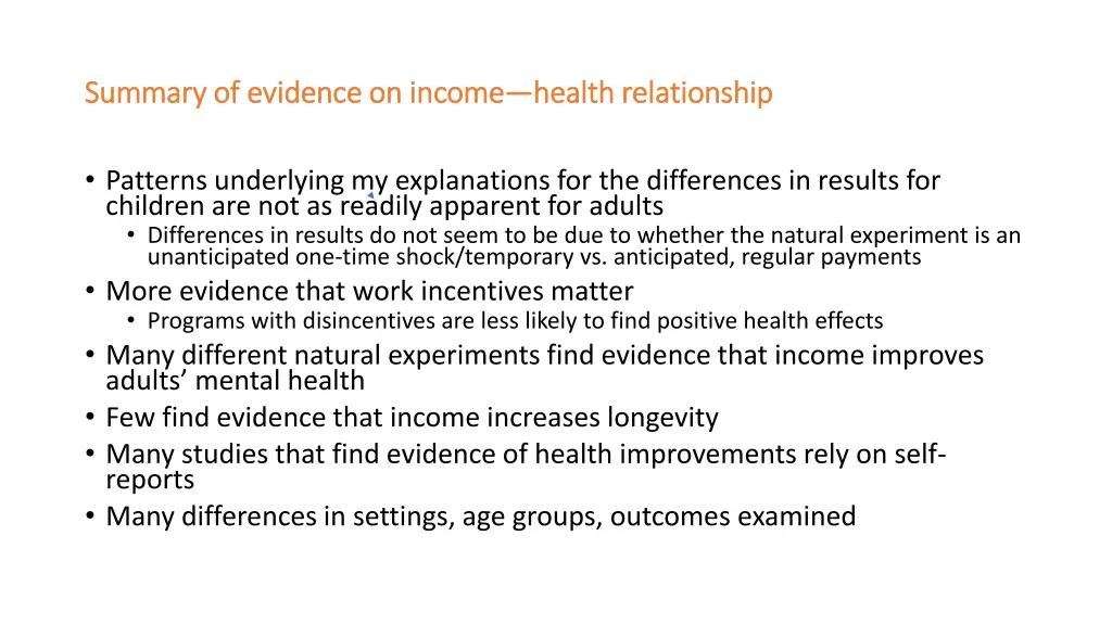 summary of evidence on income summary of evidence