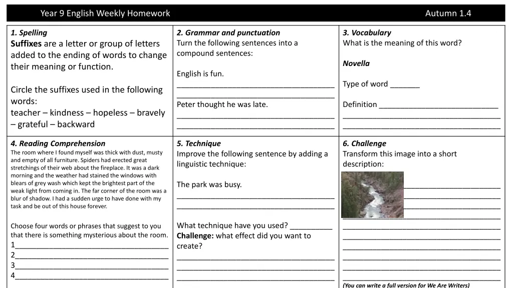 year 9 english weekly homework 1