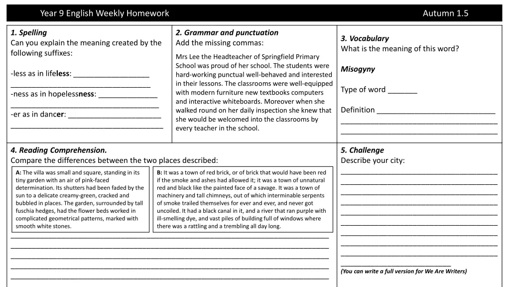 year 9 english weekly homework 2