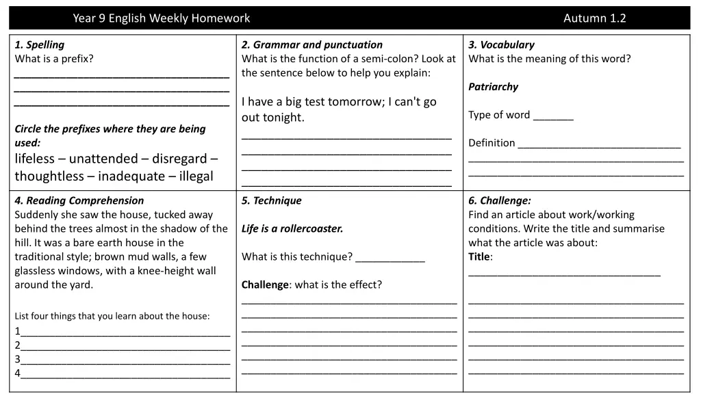 year 9 english weekly homework autumn 1 2