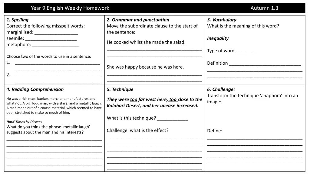 year 9 english weekly homework autumn 1 3