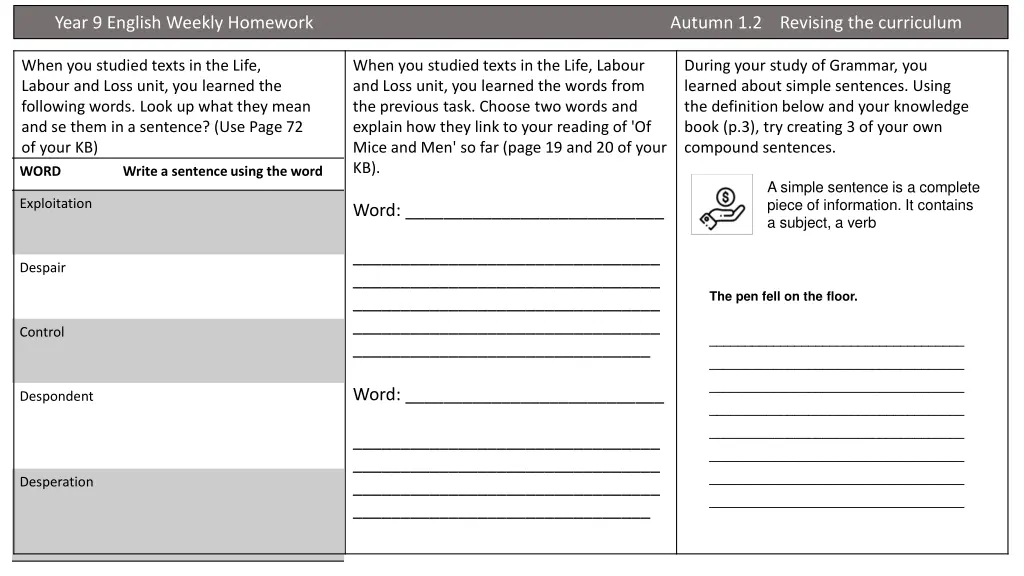 year 9 english weekly homework autumn 1