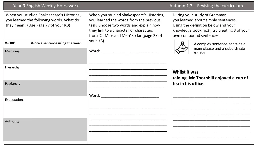 year 9 english weekly homework autumn 2