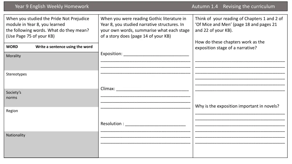 year 9 english weekly homework autumn 3
