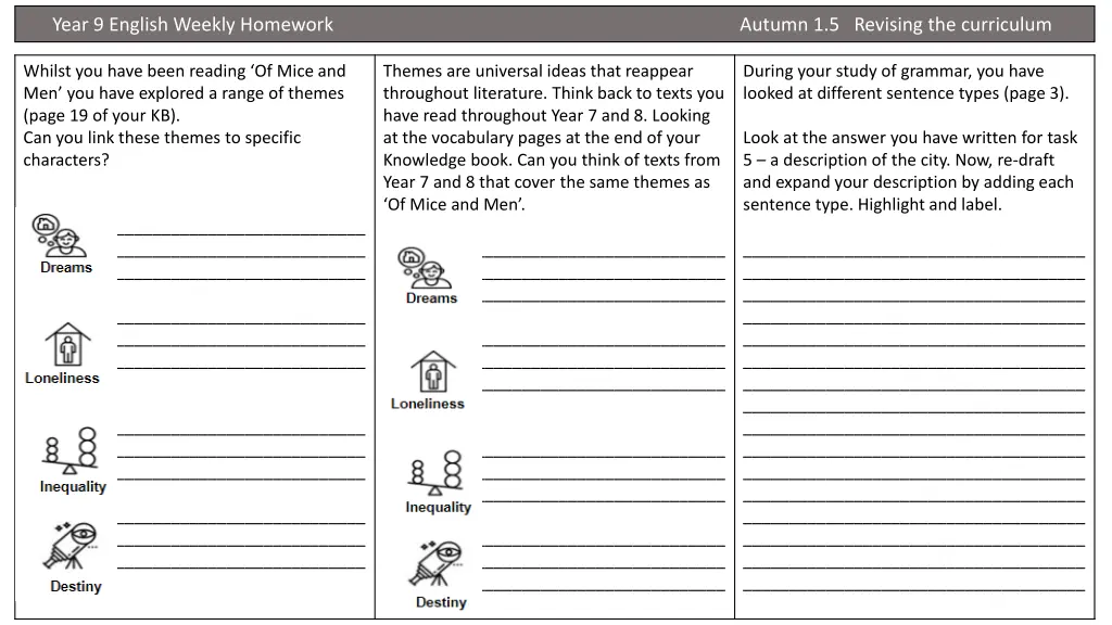 year 9 english weekly homework autumn 4