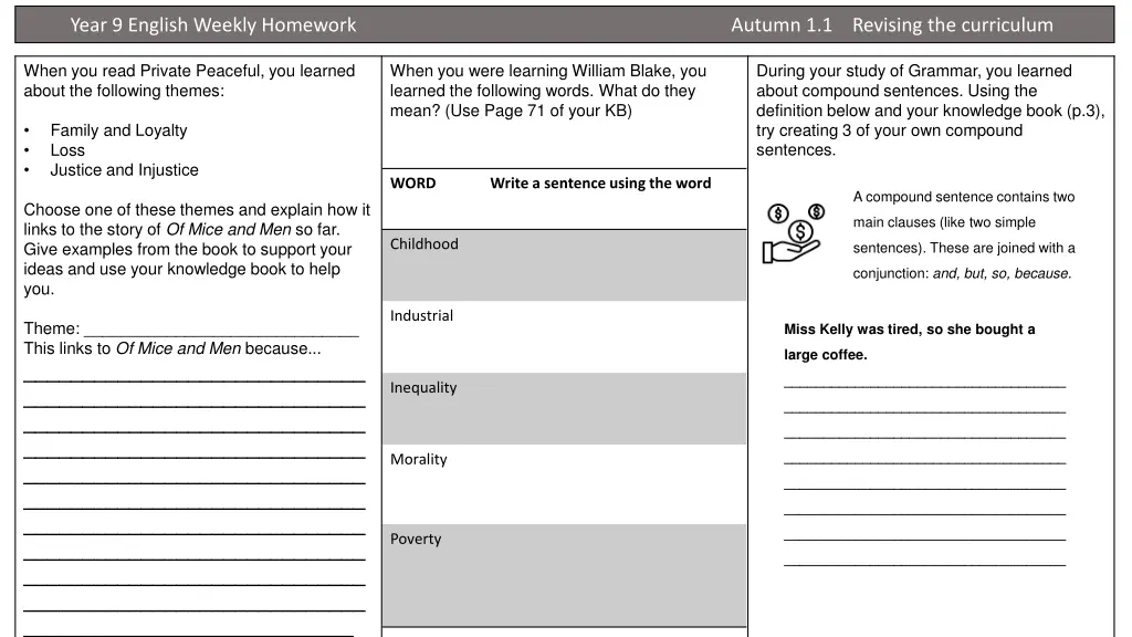 year 9 english weekly homework autumn
