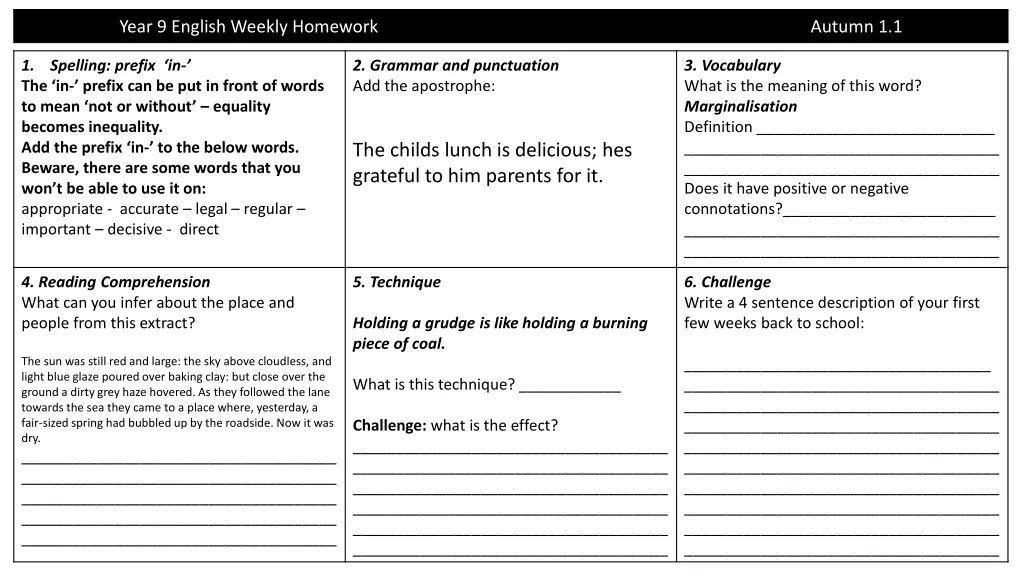 year 9 english weekly homework