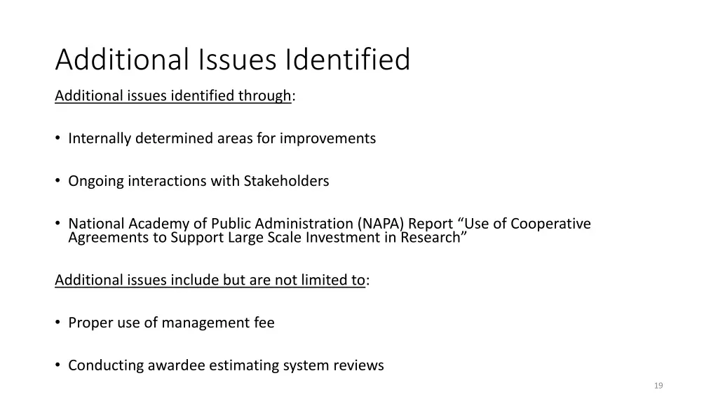 additional issues identified