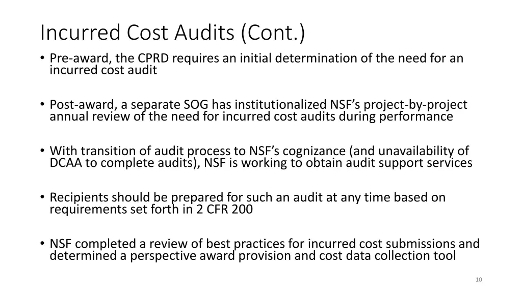 incurred cost audits cont pre award the cprd
