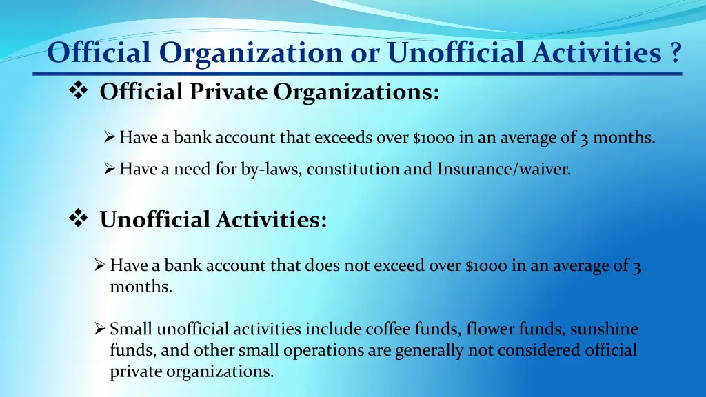 official organization or unofficial activities