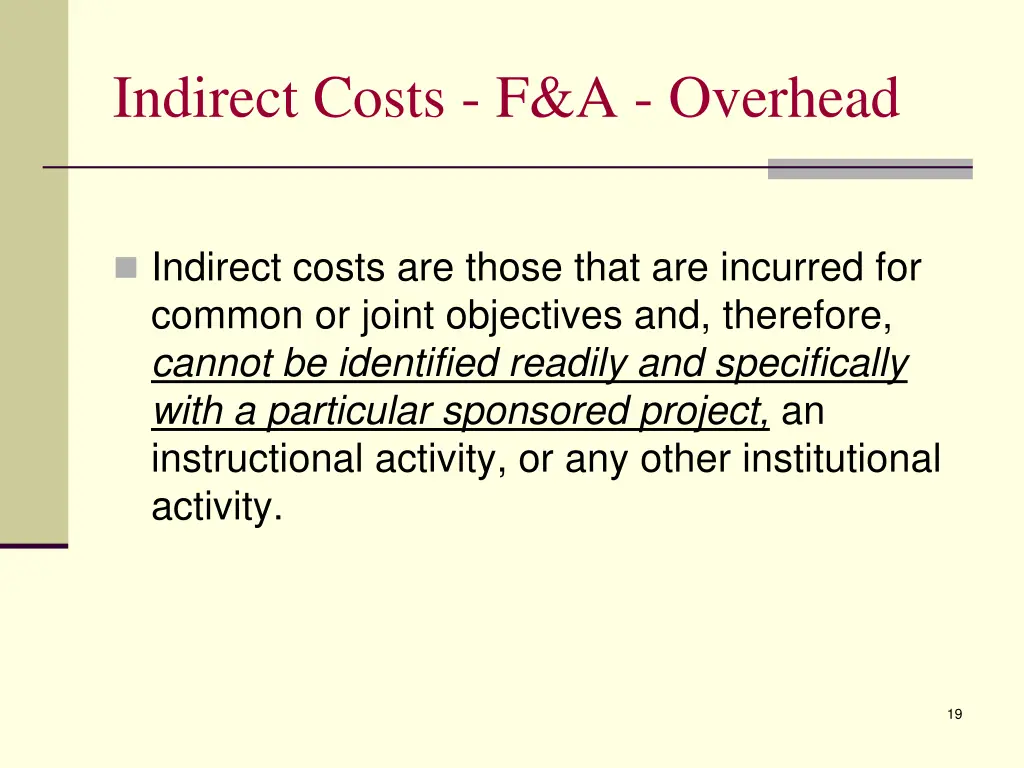indirect costs f a overhead