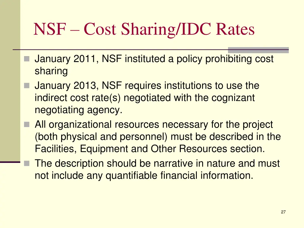 nsf cost sharing idc rates