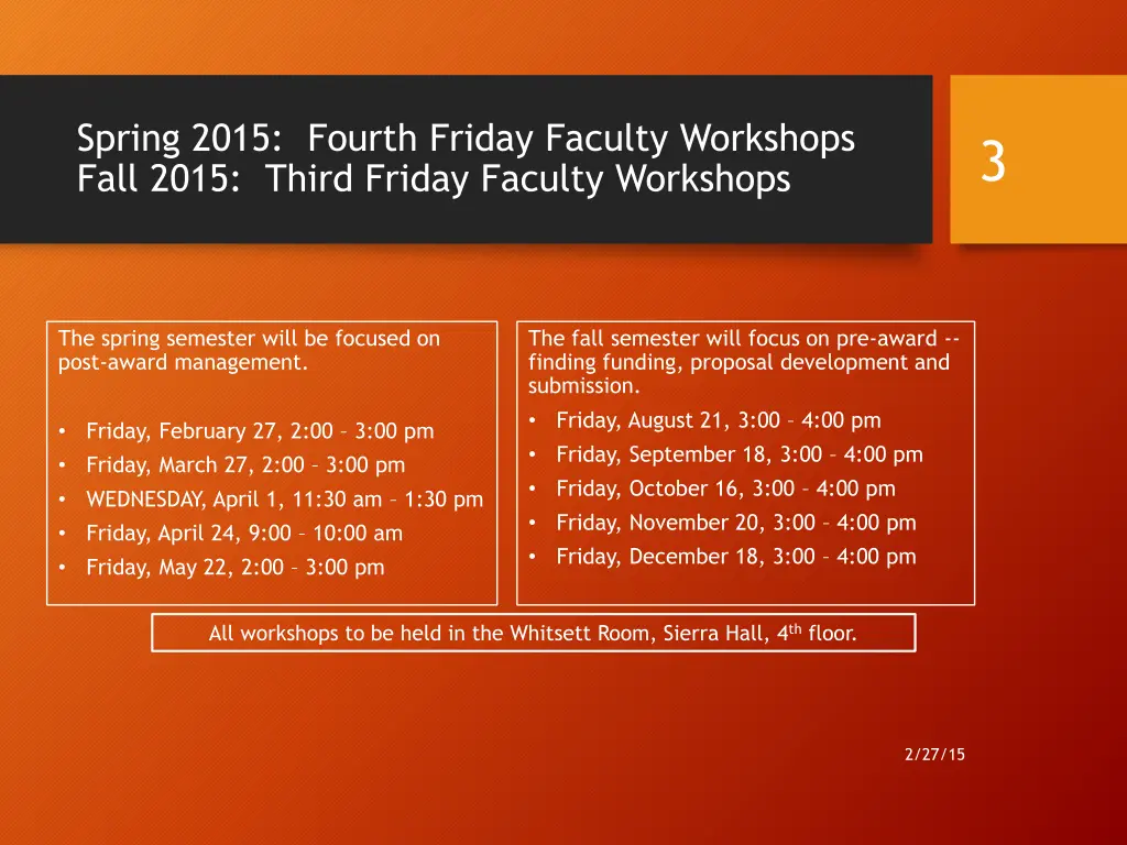 spring 2015 fourth friday faculty workshops fall