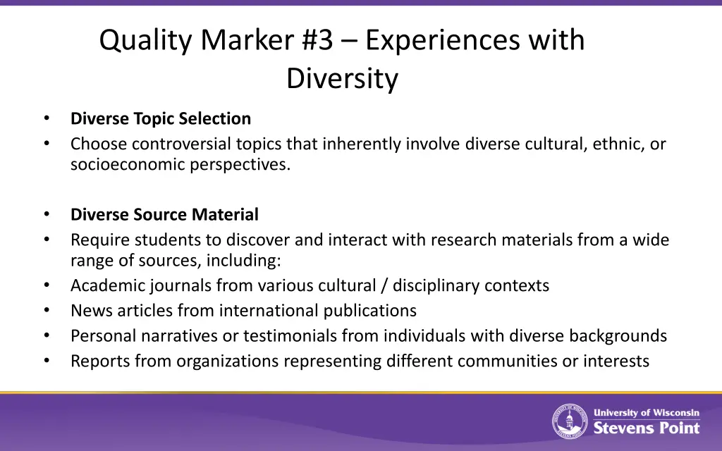 quality marker 3 experiences with diversity