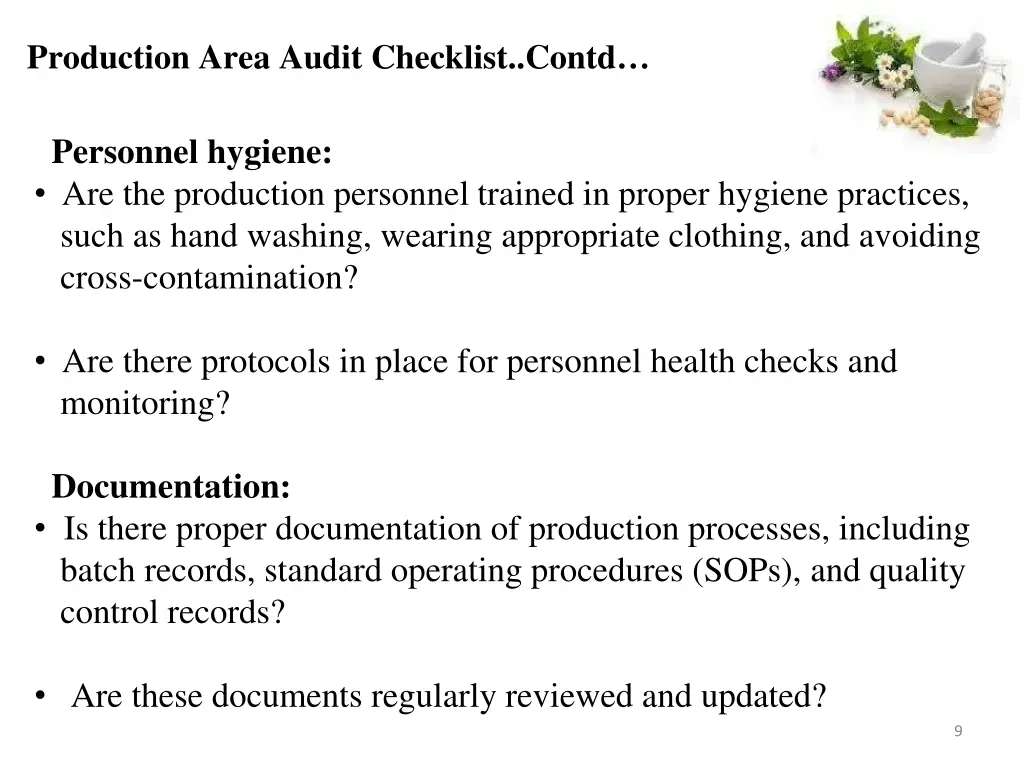 production area audit checklist contd
