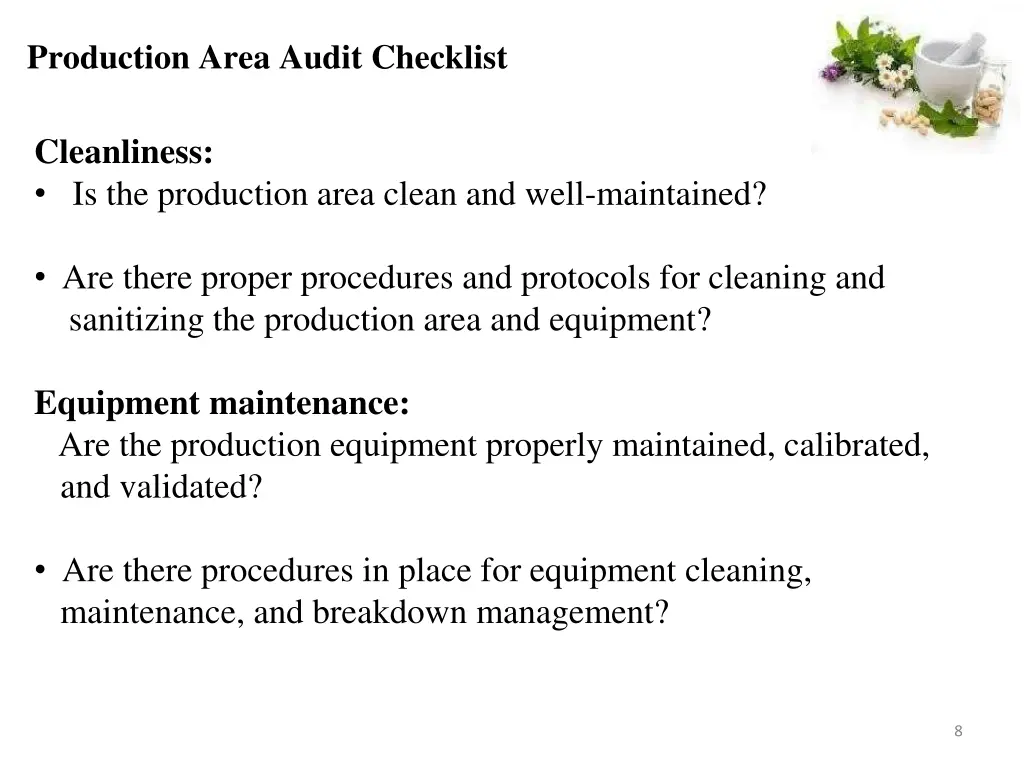 production area audit checklist