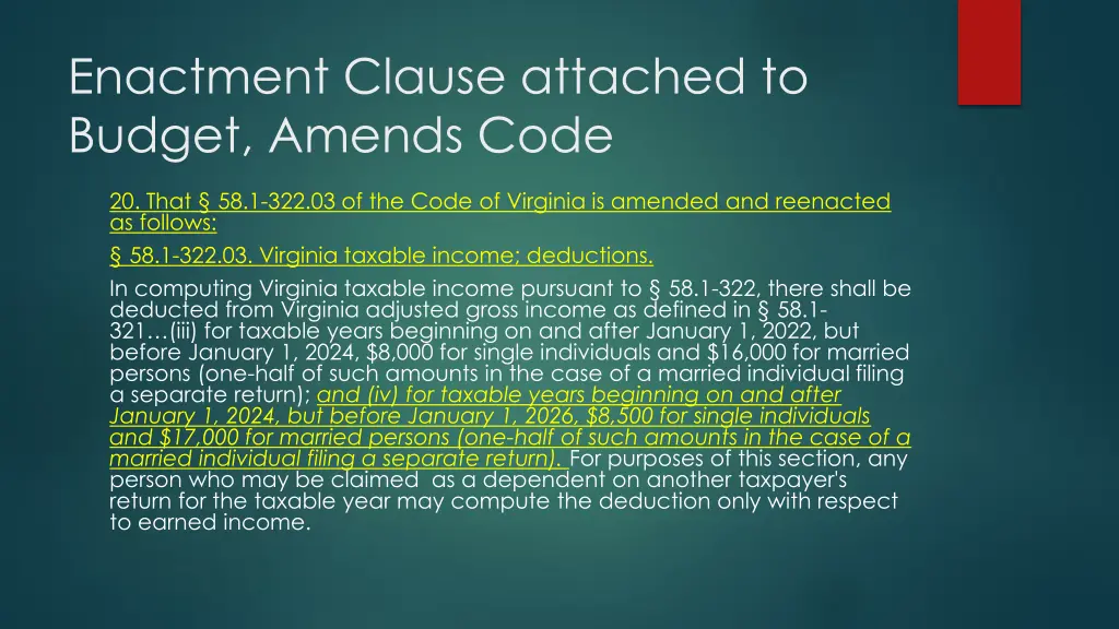 enactment clause attached to budget amends code