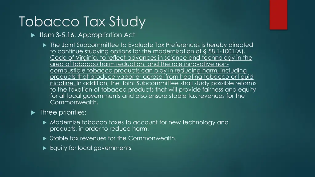 tobacco tax study item 3 5 16 appropriation act