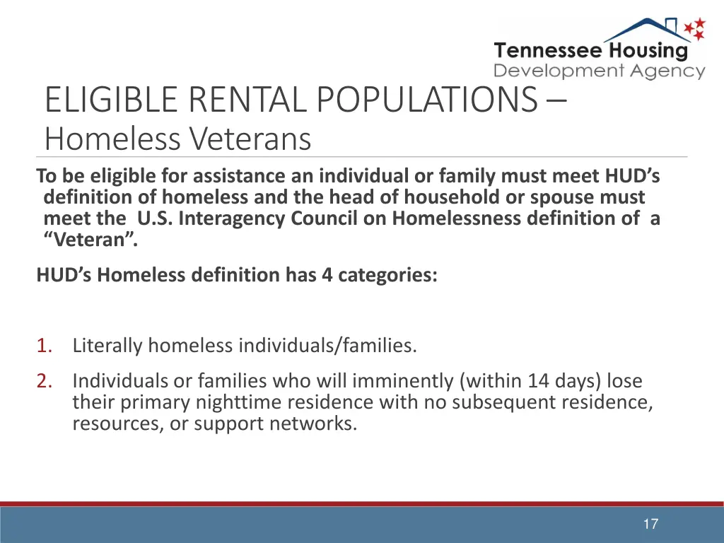 eligible rental populations homeless veterans