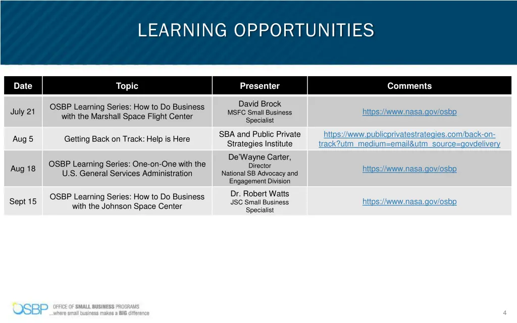 learning opportunities