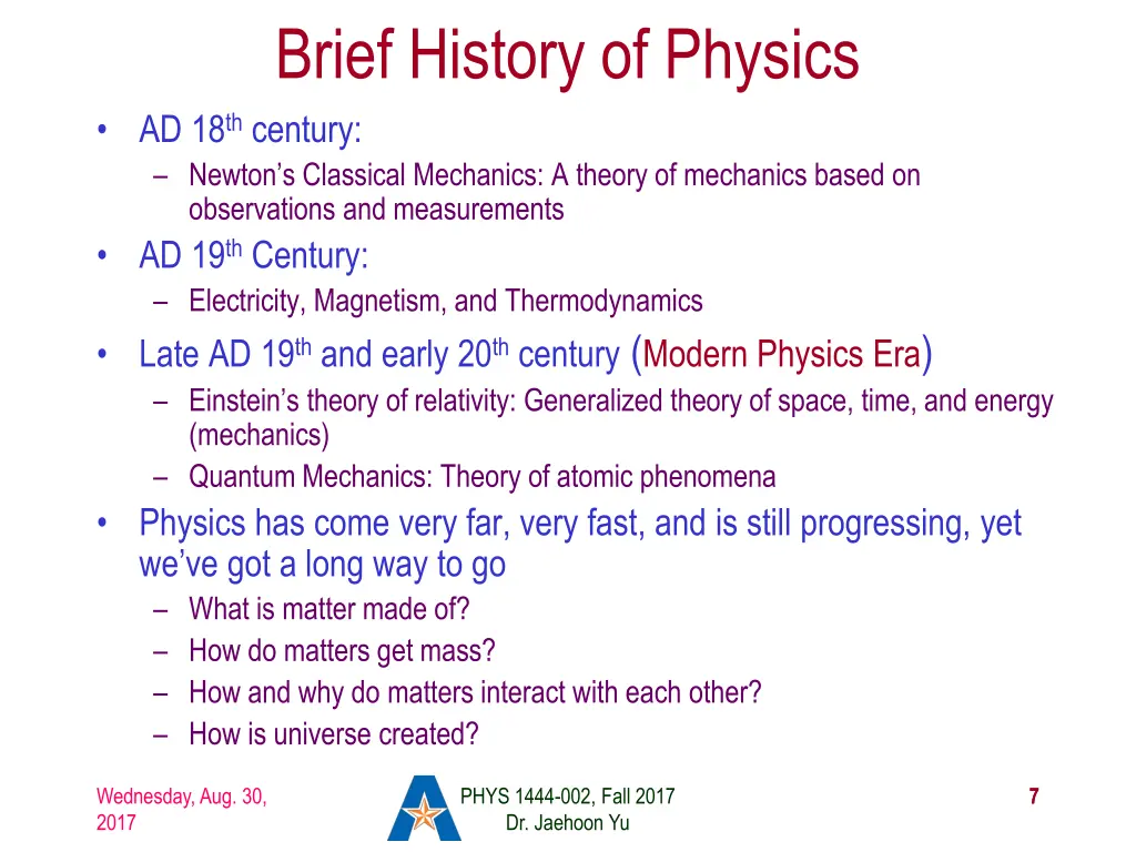 brief history of physics ad 18 th century newton