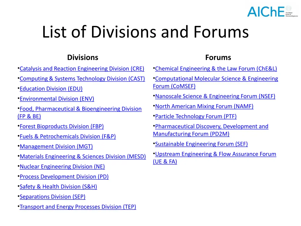 list of divisions and forums