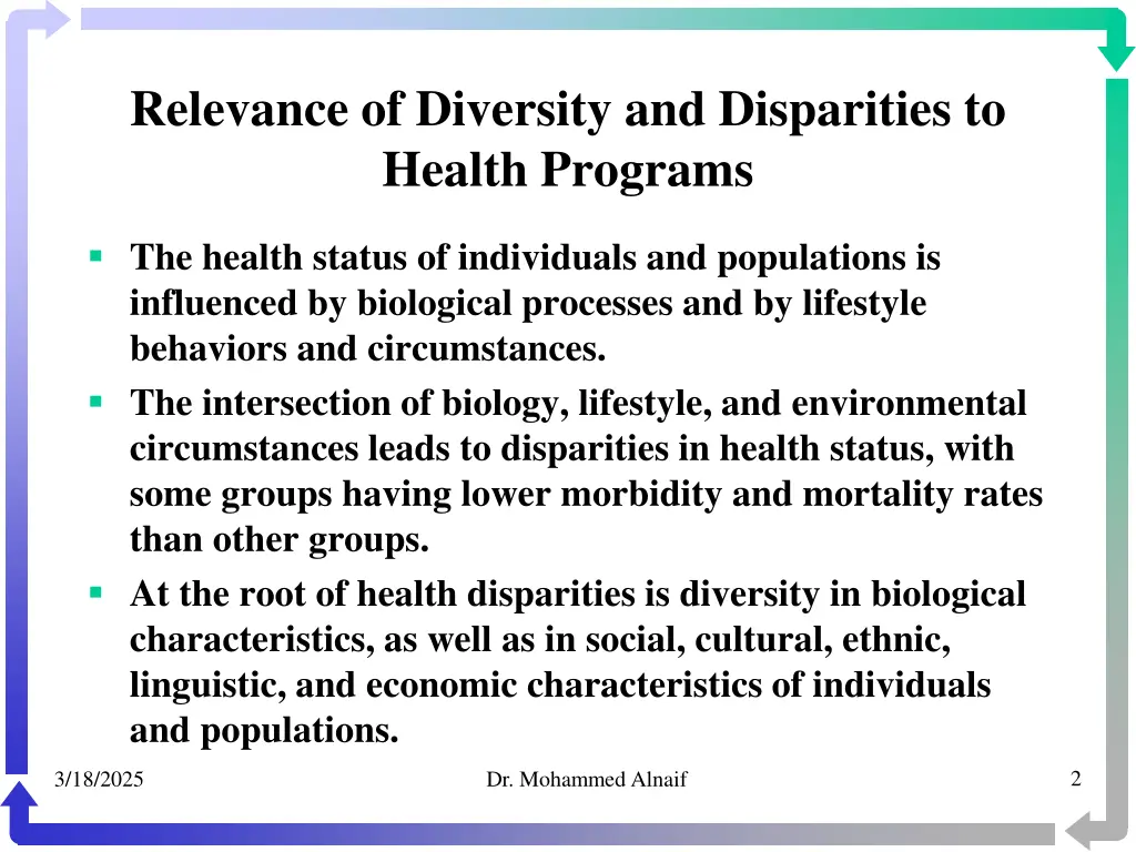 relevance of diversity and disparities to health
