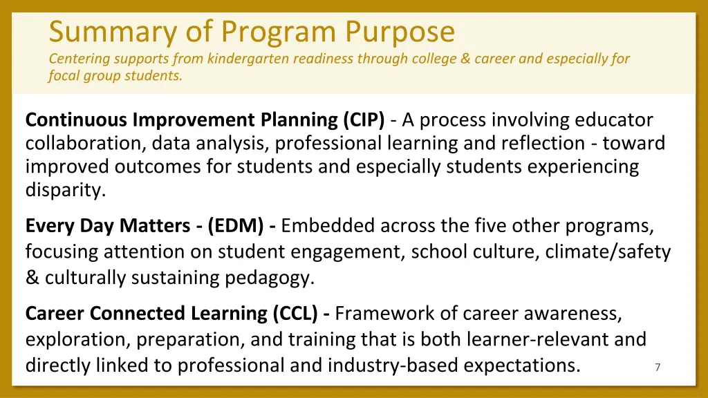 summary of program purpose centering supports