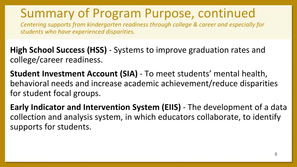 summary of program purpose continued centering