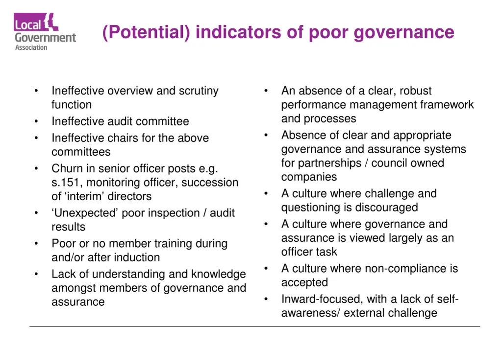 potential indicators of poor governance